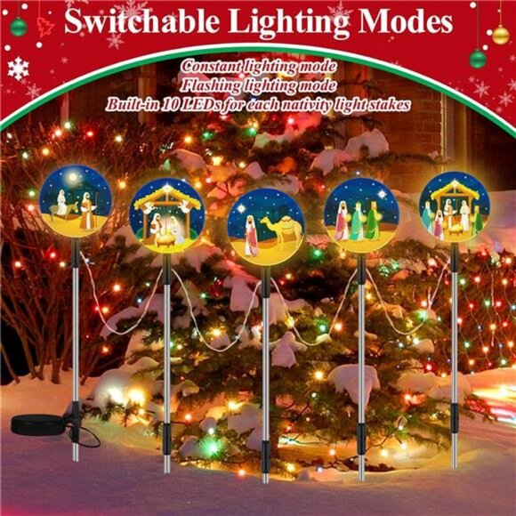 Solar Light Christmas Outdoor Decorations 5-in-1 Yard Nativity Lights Stakes - Picture 3 of 8